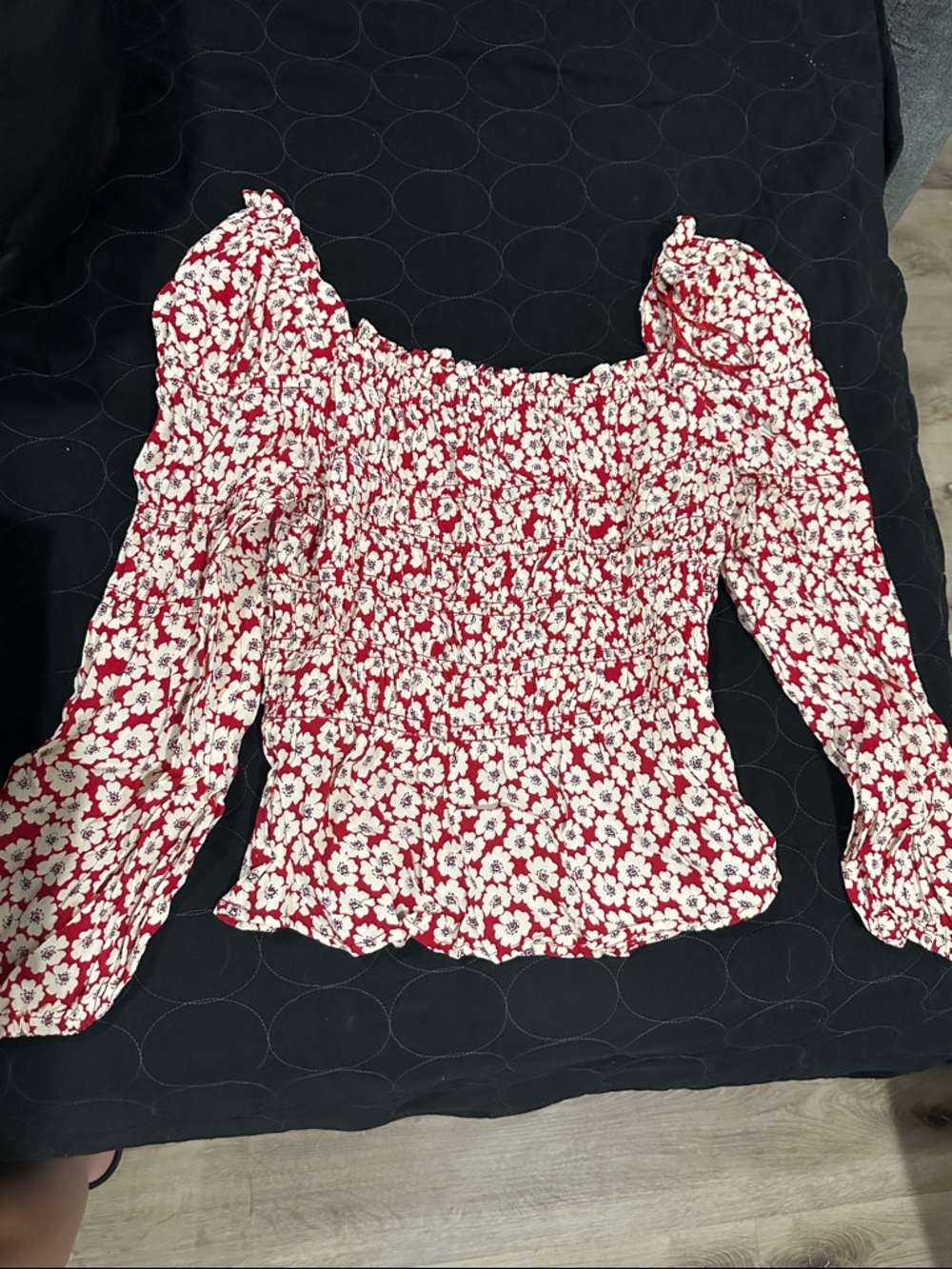 River Island Red Floral Smocked Puff-Sleeve Blouse